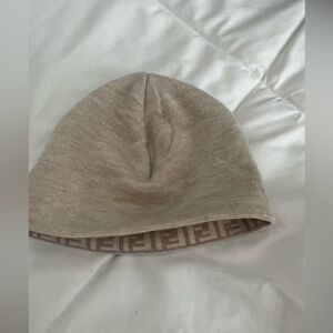 Fendi Beige Knit Hat with Contrasting Logo Tag